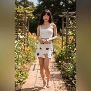 Vintage Floral Embroidery Skirt Woman Sweet side Slit Design High Waist Summer